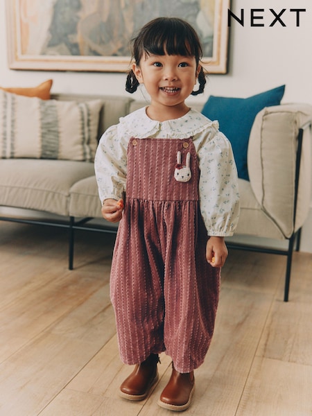 Pink Corduroy/ Ecru Ditsy - Blouse & Dungarees Set 2 Piecs (3mths-7yrs)