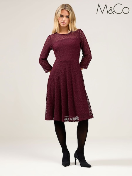 M&Co Purple Petite Lace 3/4 Sleeve Skater Dress (W20682) | €64