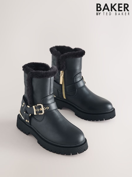 Black - Baker By Ted Baker Faux Fur Trim Embossed Biker Black Boots