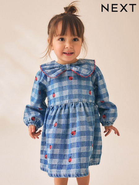 Blue Denim Check - Long Sleeve Collar Embroidered Ladybird Dress (3mths-8yrs)