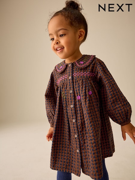 Schokoladenbraun - Kleid mit besticktem, kariertem Kragen (3M.-8J.)