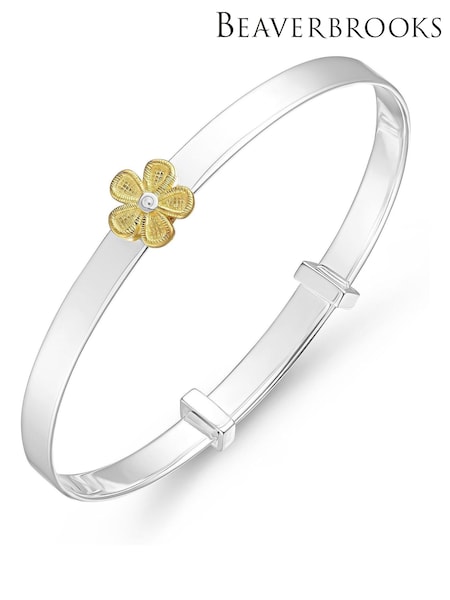 Beaverbrooks Childrens Sterling Silver Yellow Gold Plated Diamond Flower Bangle (W21251) | €199