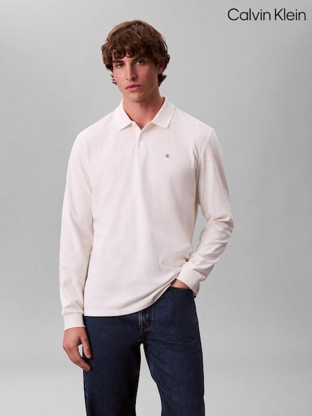 Calvin Klein White Long Sleeve Casual Pique Polo Shirt (W21291) | €86