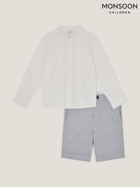 Monsoon Blue Pintuck Shirt and Stripe 100% Cotton Shorts Set (W21545) | €53 - €79