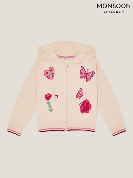 Monsoon White Floral Butterfly Embroidered Zip-Up 100% Cotton Hoodie (W21553) | €37 - €42