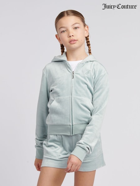 Albastru deschis - Juicy Couture Girls Tonal Velour Zip Up Hoodie (W21621) | 521 LEI