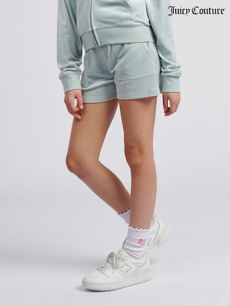 Juicy Couture Light Blue Girls Tonal Embroidered Velour Shorts (W21632) | ₪201
