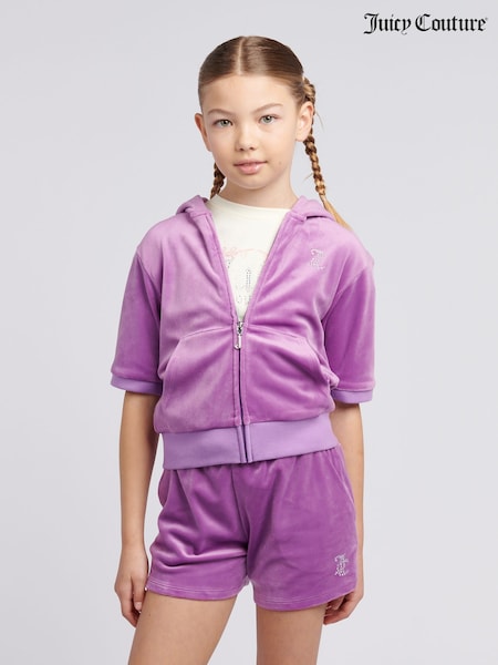 Juicy Couture Purple Girls Diamante Zip Thru Short-Sleeve Hoodie (W21635) | €99
