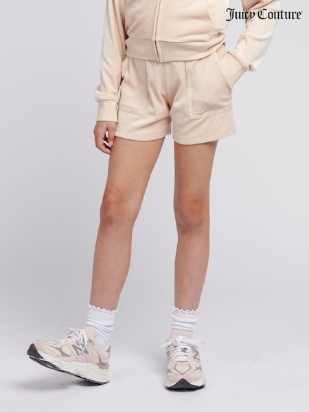 Juicy Couture Cream Girls Tonal Embroidered Velour Shorts (W21650) | €63