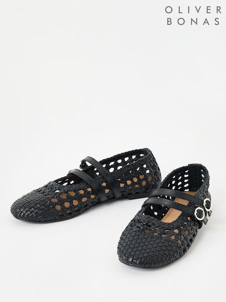 Oliver Bonas Black Mary Jane Double Buckle Woven Leather Shoes (W21682) | €99