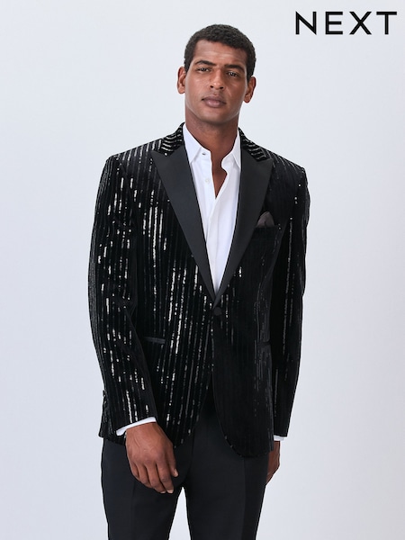 Black Regular Fit Striped Sequin Velvet Blazer (W21720) | €116