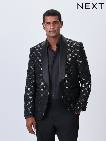 Black Regular Fit Sequin Geometric Pattern Blazer (W21731) | AED477