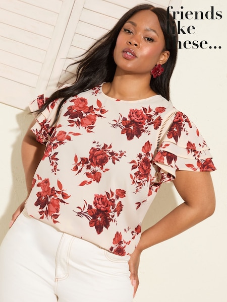 Estampa de Rosa - Friends Like These Short Ruffle Sleeve Round Neck Blouse (W21745) | R$ 255
