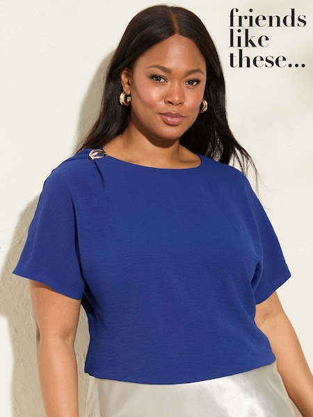 Friends Like These Cobalt Blue Curve Short Sleeve Blouse With Gold Detail (W21753) | €43