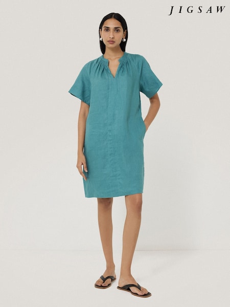 Jigsaw Blue 100% Linen Smocked T-Shirt Dress (W21769) | ₪704