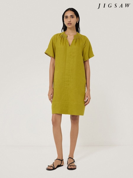 Jigsaw Green 100% Linen Smocked T-Shirt Dress (W21771) | ₪704