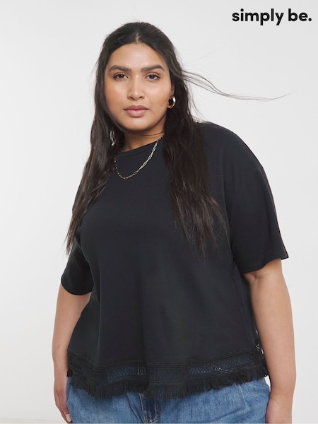 Simply Be Black Fringing Hem 100% Cotton T-Shirt (W21907) | €32