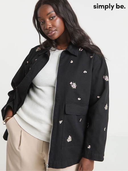 Simply Be Black Floral Embroidered Utility 100% Cotton Shacket (W21915) | €77