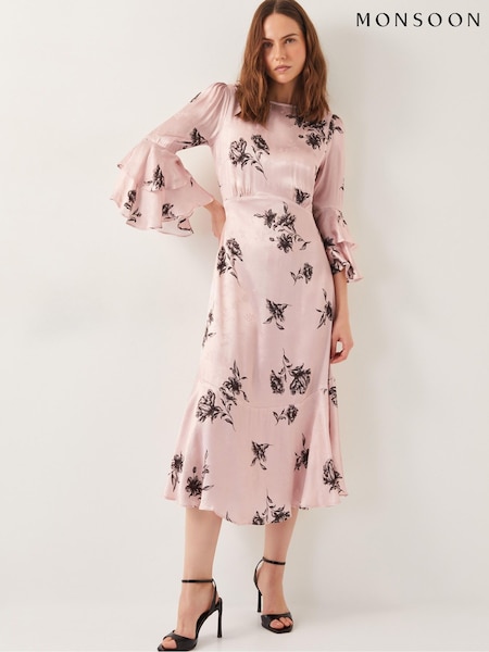 Monsoon Pelia Floral Print Satin Ruffle Midi Dress (W22040) | 968 LEI