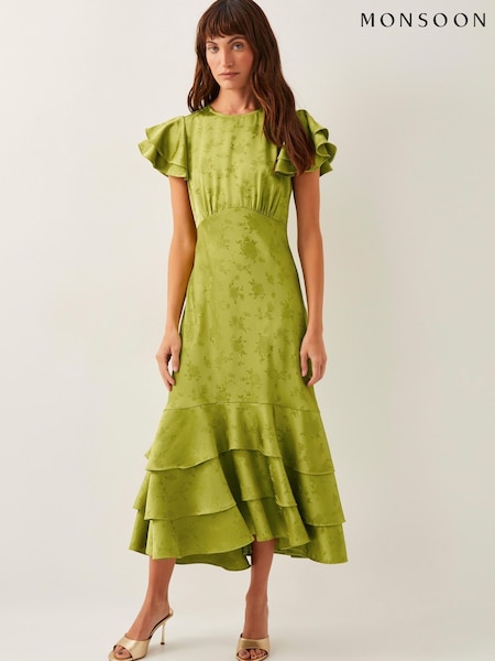 Monsoon Ester Satin Ruffle Midi Dress (W22047) | €205