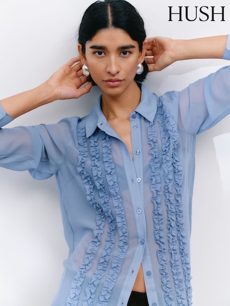 Hush Blue Sky Long Sleeve Ruffle Sheer Shirt (W22082) | ₪453