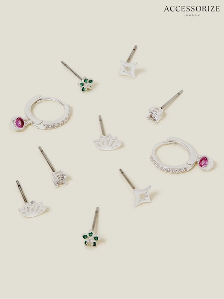 Accessorize Silver Tone Sterling Sparkle Stud and Hoop Earrings 5 Pack (W22271) | ₪101