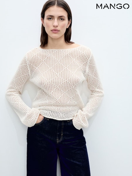 Mango Cream Openwork Knit Crochet Cotton Sweater (W22349) | €45