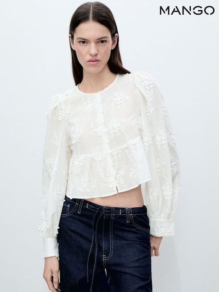 Mango Cream Embroidered Long Sleeve Blouse (W22378) | €63