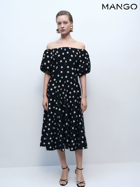 Mango Black Bardot Off Shoulder Polka Dot Occasion Midi Dress (W22394) | €114