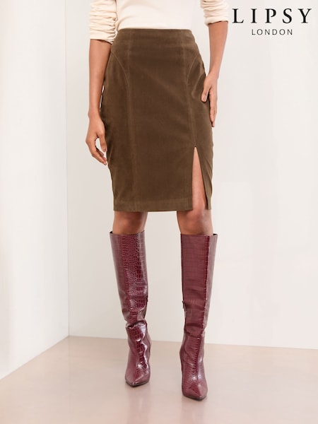 Lipsy Brown Faux Suede Side Split Midi Skirt (W22481) | R$ 425