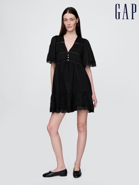 Gap Black Flutter-Sleeve Eyelet Mini Dress (W22538) | €125