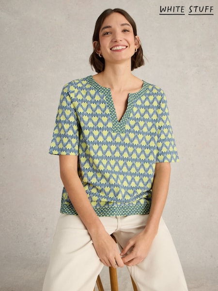 White Stuff Blue Weaver Notch Neck 100% Organic Cotton Top (W22658) | ₪258