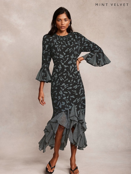Mint Velvet Black Floral Print Midi Dress (W22774) | 985 QAR