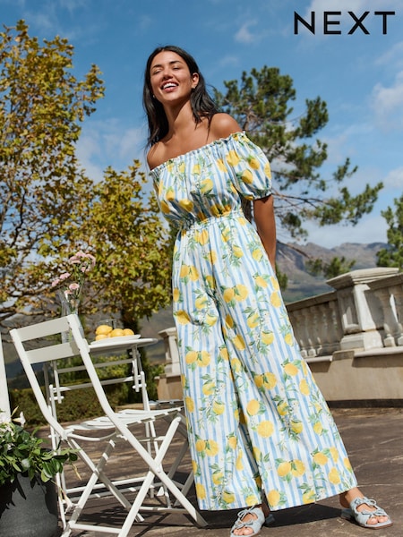 Blue Off Shoulder Wide Leg Jumpsuit (W22777) | €56