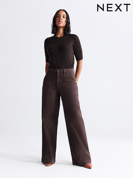Chocolate Brown High Rise Utility Wide Leg Jeans (W22784) | 171 QAR