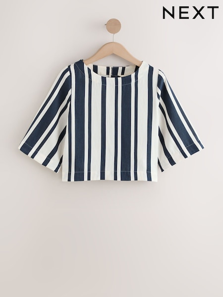 Navy/White Sleeved Summer T-Shirt with Linen (W22788) | R$ 245