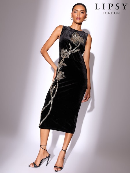 Lipsy Black Velvet Embellished Sleeveless Column Midaxi Dress (W22949) | €142