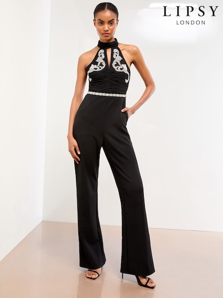 Lipsy Black Embellished Halter Neck Ruched Mesh Mix Jumpsuit (W22965) | €131