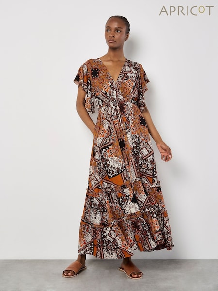 Apricot Orange Patchwork Ruffle Tiered Midi Dress (W22977) | €63