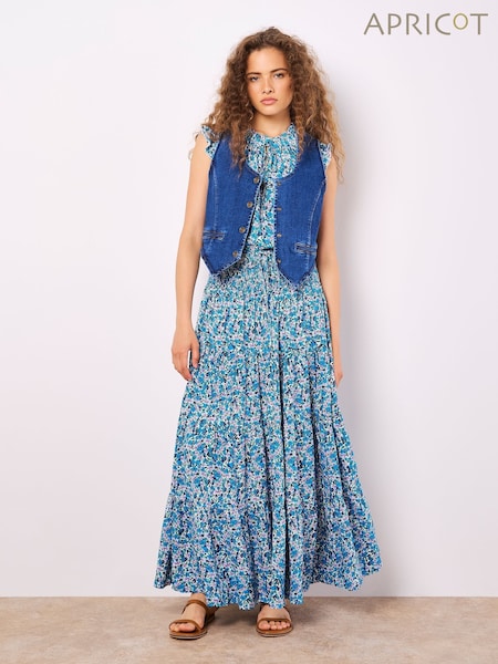 Apricot Blue Ditsy Print Tiered Maxi Skirt (W22982) | €51