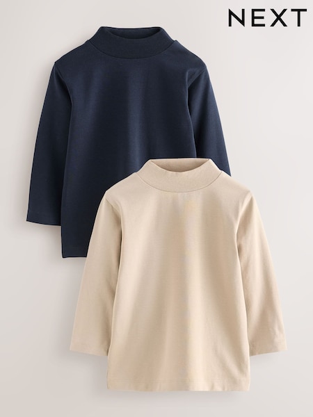 Navy/Stone Long Sleeve Turtle Neck T-Shirts 2 Pack (3mths-7yrs) (W23010) | €13 - €17.50