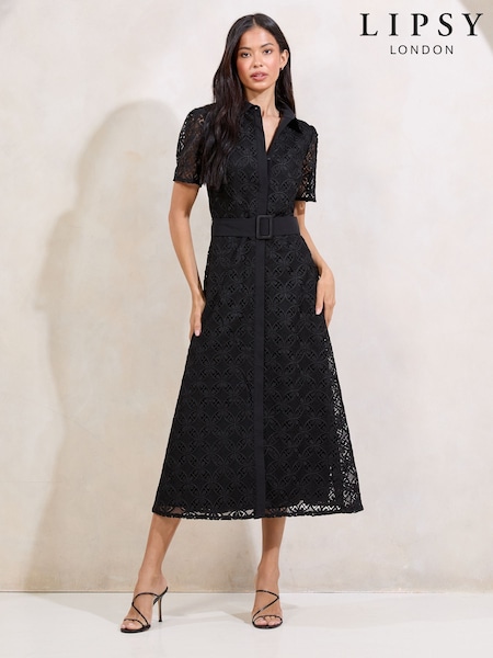 Negru - Lipsy Premium Lace Belted Shirt Dress (W23048) | 1,154 LEI
