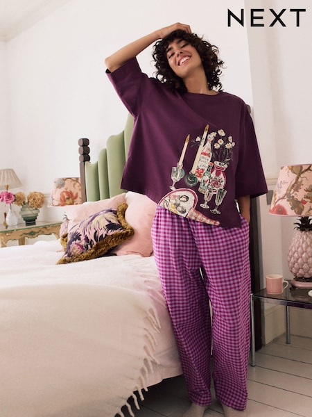Purple Gingham 100% Cotton Barrel Leg Pyjamas (W23071) | €41.50