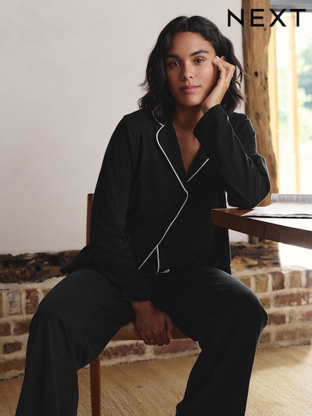 Black Jersey Button Through Pyjamas (W23072) | 153 QAR
