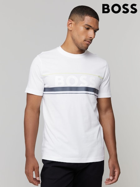 BOSS White Iconic Zone Embossed Logo Stripe Detail T-Shirt (W23164) | 335 QAR