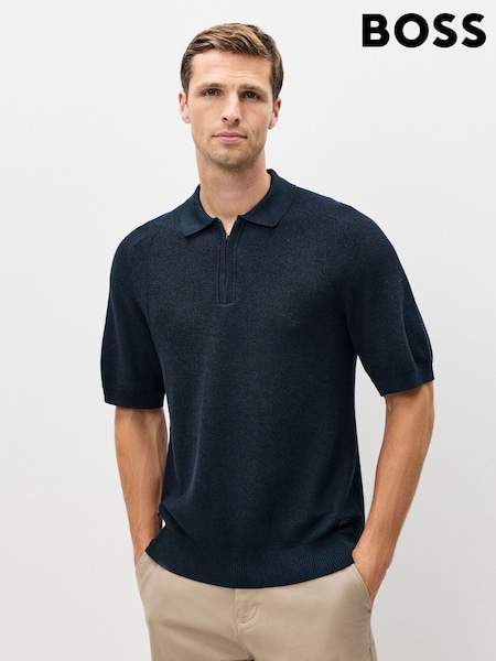 BOSS Blue Kancello Zip Neck Knitted Polo Shirt (W23176) | AED809