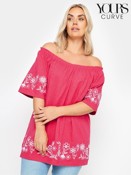 Roz - Yours Curve 100% Top Bardot cu detaliu brodat din bumbac (W23208) | 194 LEI
