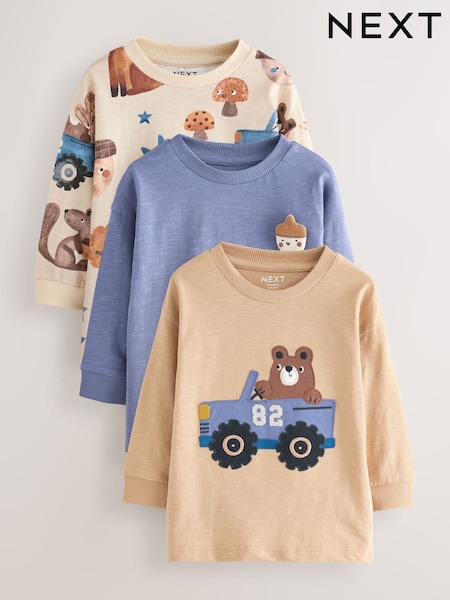 Neutral Tan Hamish Long Sleeve Animal Print Character T-Shirts 3 Pack (3mths-7yrs) (W23214) | AZN 47 - AZN 57