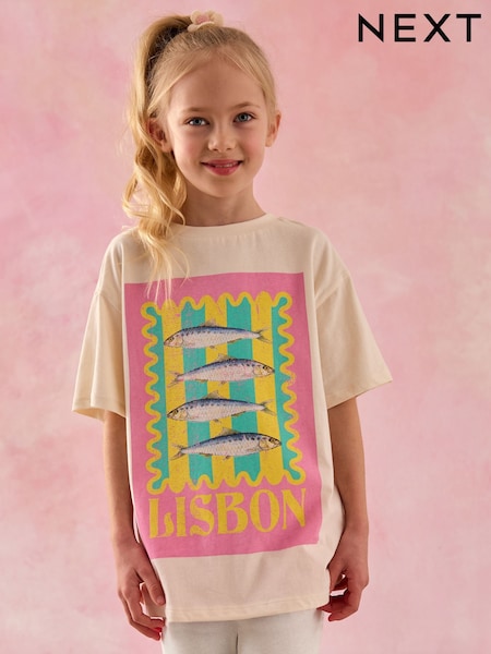Ecru/Pink Sardine Oversized Graphic Print T-Shirt (3-16yrs) (W23386) | €14 - €21