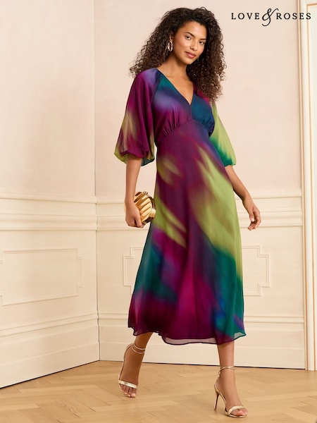 Love & Roses Multi Ombre Printed V-Neck Puff Sleeve Midi Dress (W23392) | €100